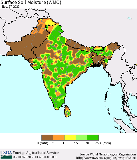 Southern Asia Surface Soil Moisture (WMO) Thematic Map For 11/21/2022 - 11/27/2022