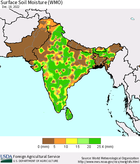 Southern Asia Surface Soil Moisture (WMO) Thematic Map For 12/12/2022 - 12/18/2022