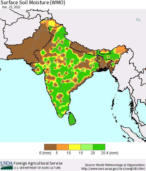 Southern Asia Surface Soil Moisture (WMO) Thematic Map For 12/19/2022 - 12/25/2022