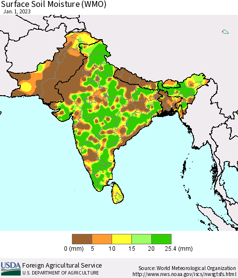 Southern Asia Surface Soil Moisture (WMO) Thematic Map For 12/26/2022 - 1/1/2023