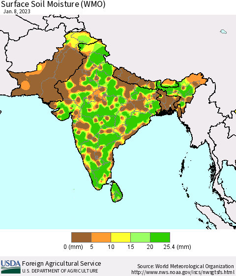 Southern Asia Surface Soil Moisture (WMO) Thematic Map For 1/2/2023 - 1/8/2023
