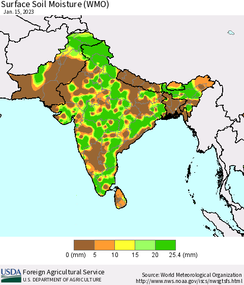 Southern Asia Surface Soil Moisture (WMO) Thematic Map For 1/9/2023 - 1/15/2023