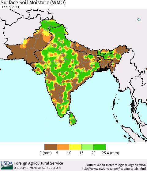 Southern Asia Surface Soil Moisture (WMO) Thematic Map For 1/30/2023 - 2/5/2023