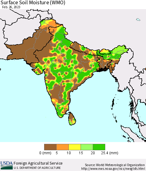 Southern Asia Surface Soil Moisture (WMO) Thematic Map For 2/20/2023 - 2/26/2023