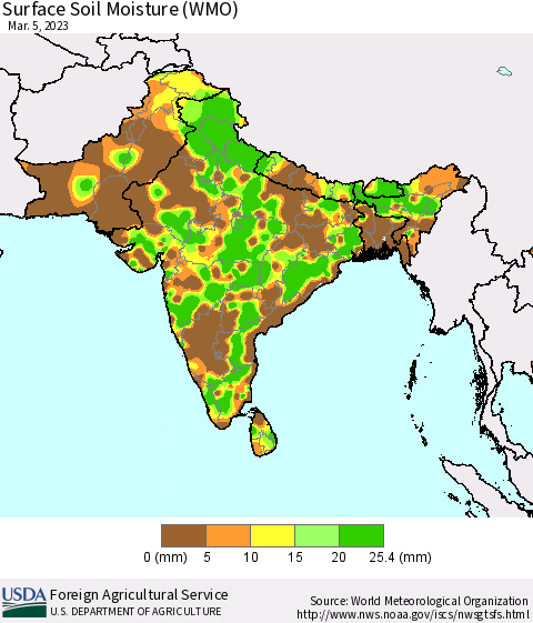 Southern Asia Surface Soil Moisture (WMO) Thematic Map For 2/27/2023 - 3/5/2023