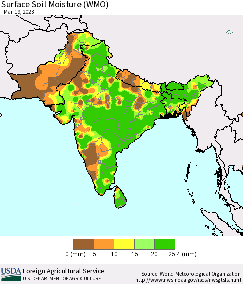 Southern Asia Surface Soil Moisture (WMO) Thematic Map For 3/13/2023 - 3/19/2023