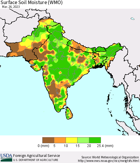 Southern Asia Surface Soil Moisture (WMO) Thematic Map For 3/20/2023 - 3/26/2023