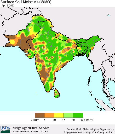Southern Asia Surface Soil Moisture (WMO) Thematic Map For 3/27/2023 - 4/2/2023