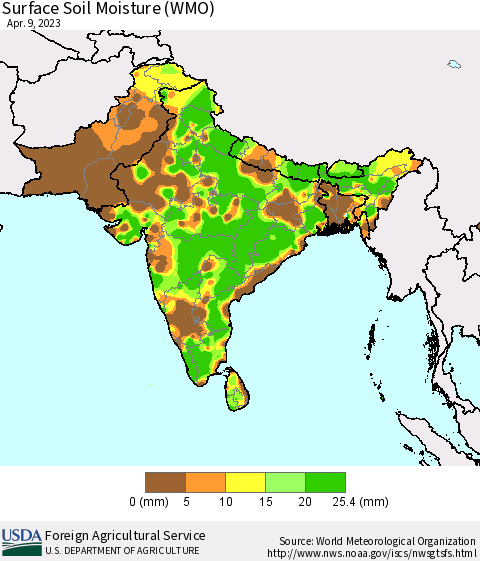 Southern Asia Surface Soil Moisture (WMO) Thematic Map For 4/3/2023 - 4/9/2023