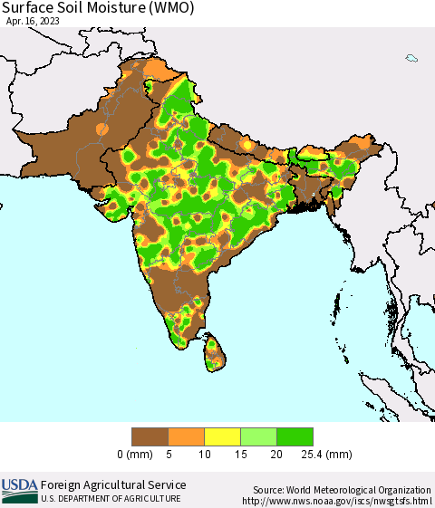 Southern Asia Surface Soil Moisture (WMO) Thematic Map For 4/10/2023 - 4/16/2023