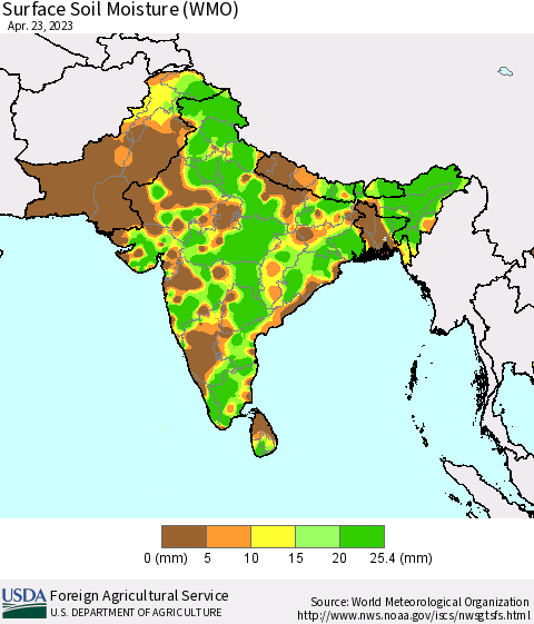 Southern Asia Surface Soil Moisture (WMO) Thematic Map For 4/17/2023 - 4/23/2023