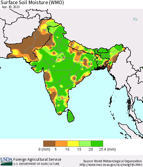 Southern Asia Surface Soil Moisture (WMO) Thematic Map For 4/24/2023 - 4/30/2023