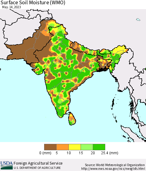 Southern Asia Surface Soil Moisture (WMO) Thematic Map For 5/8/2023 - 5/14/2023