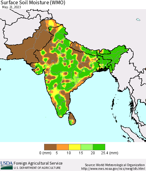 Southern Asia Surface Soil Moisture (WMO) Thematic Map For 5/15/2023 - 5/21/2023
