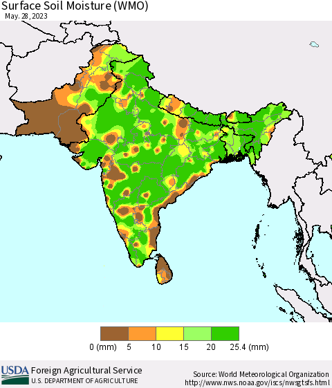 Southern Asia Surface Soil Moisture (WMO) Thematic Map For 5/22/2023 - 5/28/2023