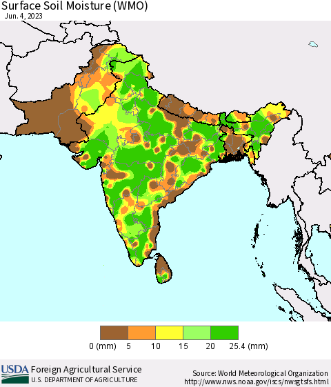 Southern Asia Surface Soil Moisture (WMO) Thematic Map For 5/29/2023 - 6/4/2023