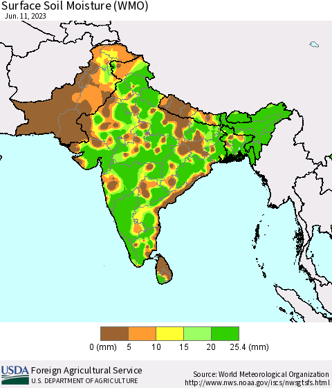 Southern Asia Surface Soil Moisture (WMO) Thematic Map For 6/5/2023 - 6/11/2023
