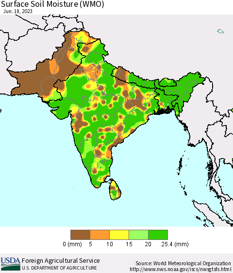 Southern Asia Surface Soil Moisture (WMO) Thematic Map For 6/12/2023 - 6/18/2023