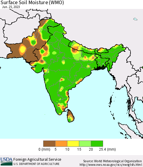 Southern Asia Surface Soil Moisture (WMO) Thematic Map For 6/19/2023 - 6/25/2023