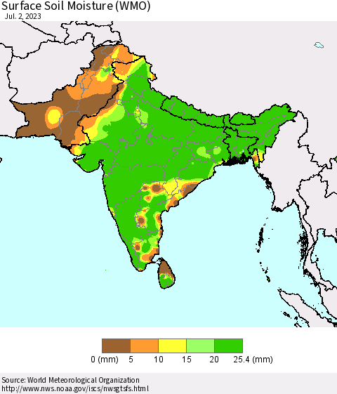 Southern Asia Surface Soil Moisture (WMO) Thematic Map For 6/26/2023 - 7/2/2023