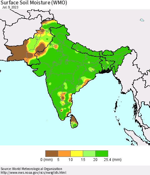 Southern Asia Surface Soil Moisture (WMO) Thematic Map For 7/3/2023 - 7/9/2023