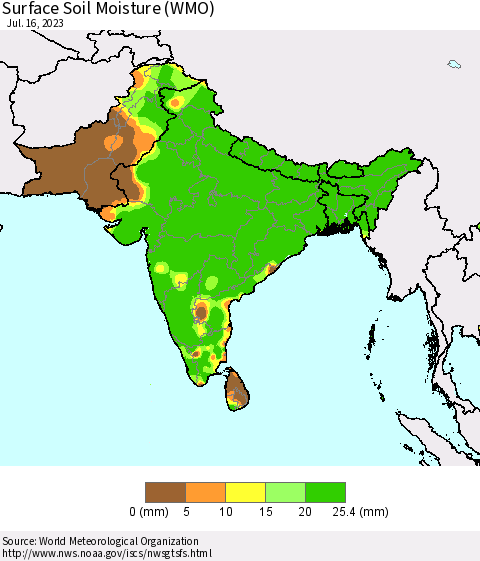Southern Asia Surface Soil Moisture (WMO) Thematic Map For 7/10/2023 - 7/16/2023