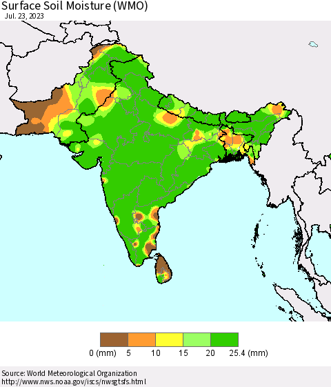 Southern Asia Surface Soil Moisture (WMO) Thematic Map For 7/17/2023 - 7/23/2023