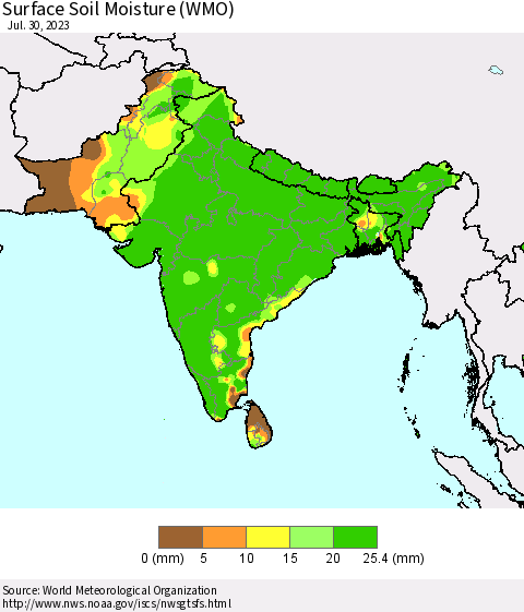 Southern Asia Surface Soil Moisture (WMO) Thematic Map For 7/24/2023 - 7/30/2023