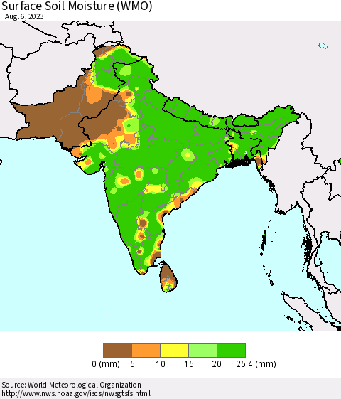 Southern Asia Surface Soil Moisture (WMO) Thematic Map For 7/31/2023 - 8/6/2023