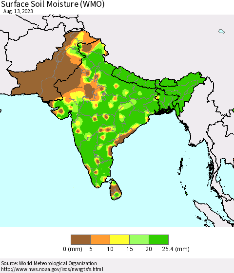 Southern Asia Surface Soil Moisture (WMO) Thematic Map For 8/7/2023 - 8/13/2023