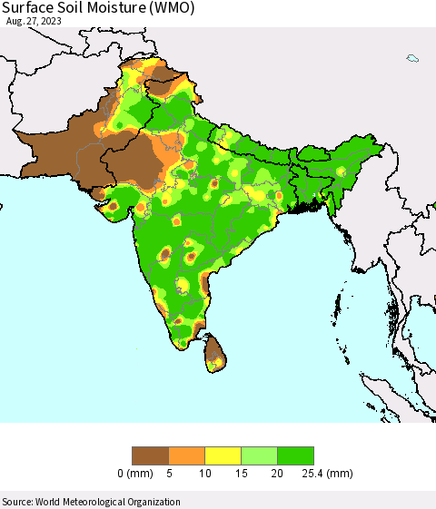Southern Asia Surface Soil Moisture (WMO) Thematic Map For 8/21/2023 - 8/27/2023