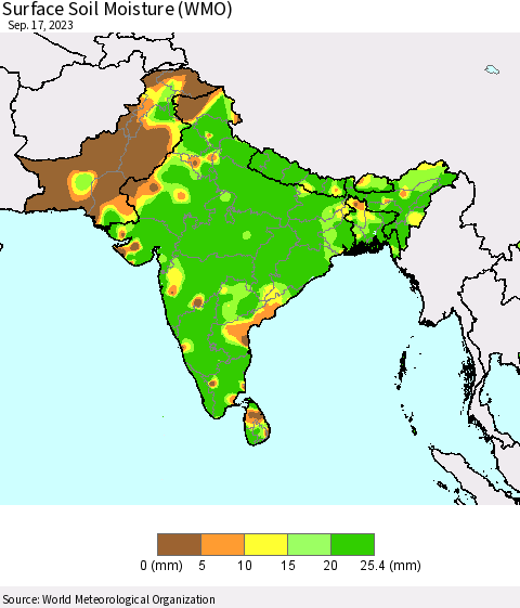 Southern Asia Surface Soil Moisture (WMO) Thematic Map For 9/11/2023 - 9/17/2023
