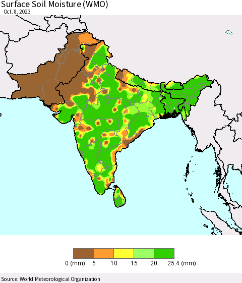 Southern Asia Surface Soil Moisture (WMO) Thematic Map For 10/2/2023 - 10/8/2023