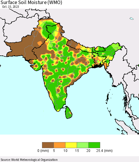 Southern Asia Surface Soil Moisture (WMO) Thematic Map For 10/9/2023 - 10/15/2023