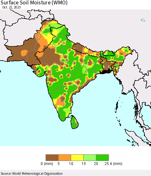 Southern Asia Surface Soil Moisture (WMO) Thematic Map For 10/16/2023 - 10/22/2023