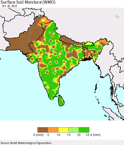 Southern Asia Surface Soil Moisture (WMO) Thematic Map For 10/23/2023 - 10/29/2023