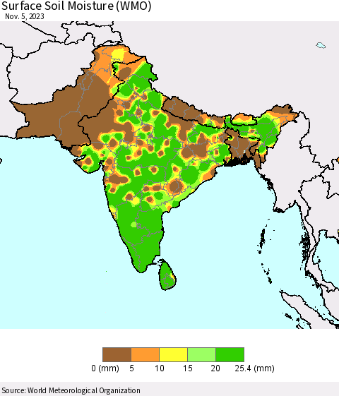 Southern Asia Surface Soil Moisture (WMO) Thematic Map For 10/30/2023 - 11/5/2023