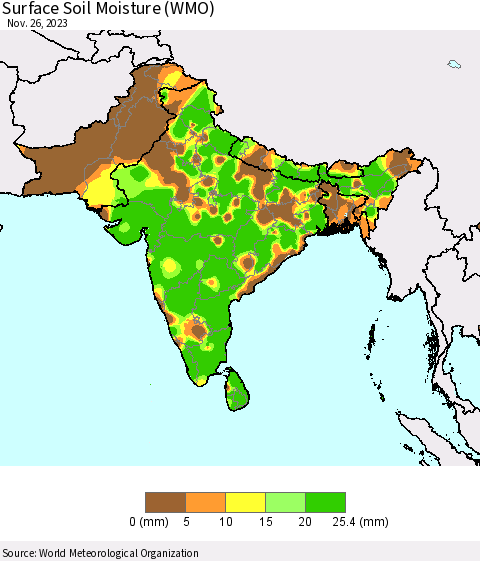 Southern Asia Surface Soil Moisture (WMO) Thematic Map For 11/20/2023 - 11/26/2023