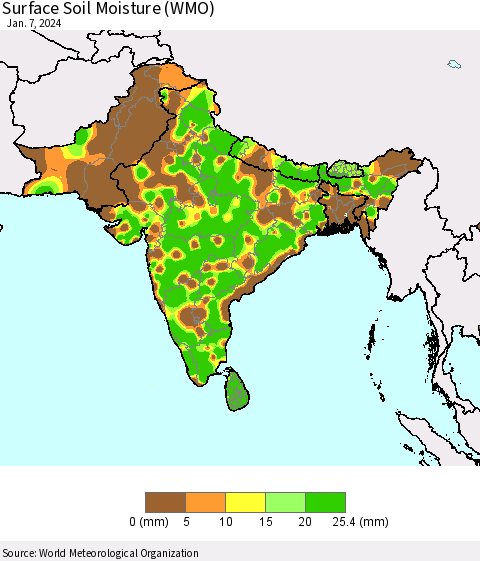 Southern Asia Surface Soil Moisture (WMO) Thematic Map For 1/1/2024 - 1/7/2024