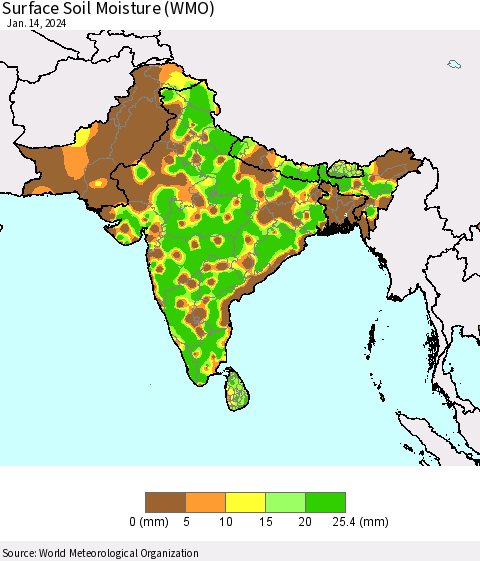 Southern Asia Surface Soil Moisture (WMO) Thematic Map For 1/8/2024 - 1/14/2024