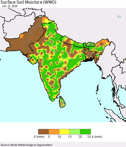Southern Asia Surface Soil Moisture (WMO) Thematic Map For 1/15/2024 - 1/21/2024