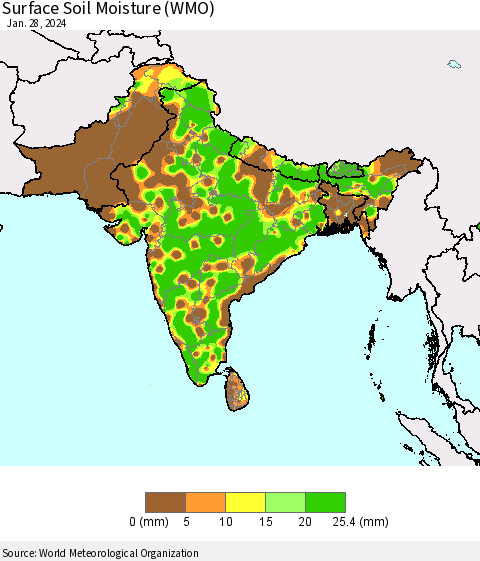 Southern Asia Surface Soil Moisture (WMO) Thematic Map For 1/22/2024 - 1/28/2024