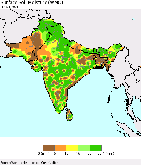 Southern Asia Surface Soil Moisture (WMO) Thematic Map For 1/29/2024 - 2/4/2024