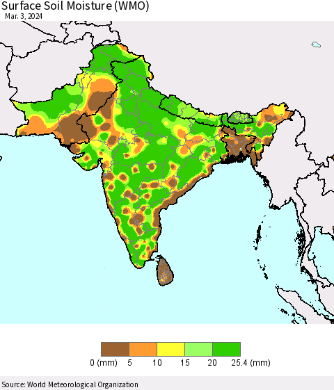 Southern Asia Surface Soil Moisture (WMO) Thematic Map For 2/26/2024 - 3/3/2024
