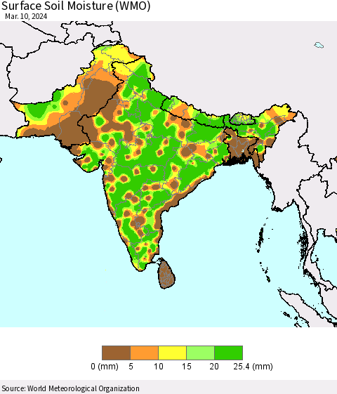 Southern Asia Surface Soil Moisture (WMO) Thematic Map For 3/4/2024 - 3/10/2024