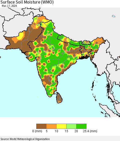 Southern Asia Surface Soil Moisture (WMO) Thematic Map For 3/11/2024 - 3/17/2024