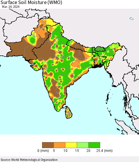 Southern Asia Surface Soil Moisture (WMO) Thematic Map For 3/18/2024 - 3/24/2024