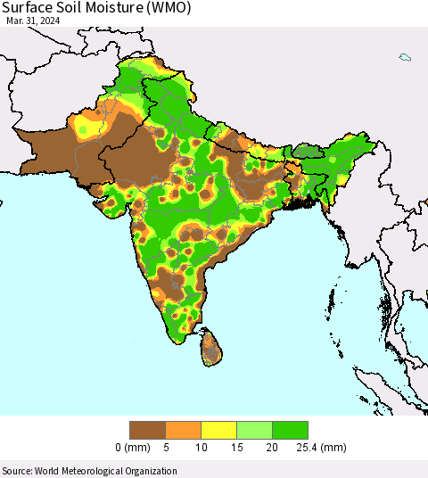 Southern Asia Surface Soil Moisture (WMO) Thematic Map For 3/25/2024 - 3/31/2024