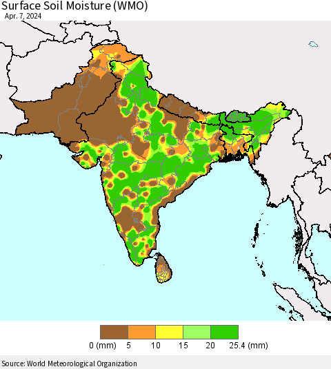 Southern Asia Surface Soil Moisture (WMO) Thematic Map For 4/1/2024 - 4/7/2024