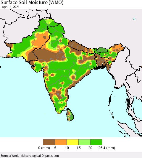 Southern Asia Surface Soil Moisture (WMO) Thematic Map For 4/8/2024 - 4/14/2024